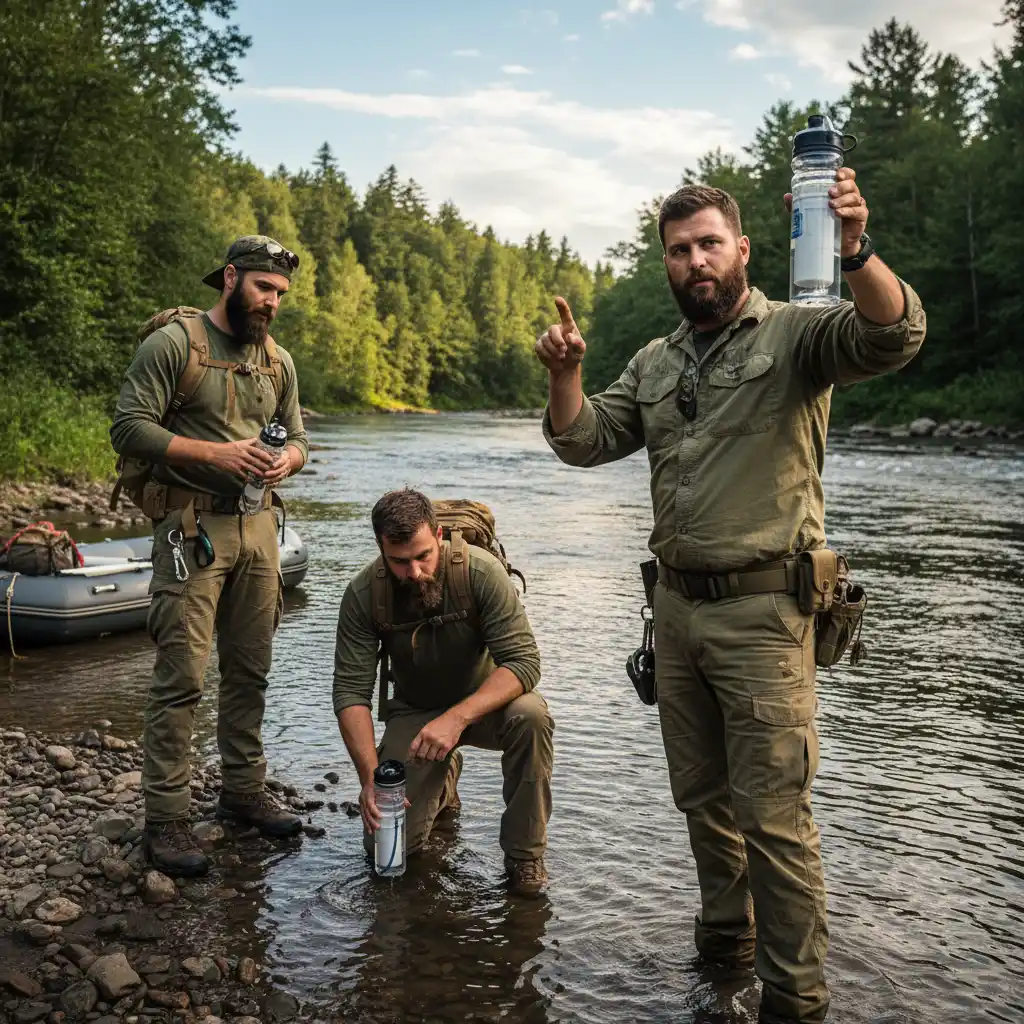 Männer zeigen, wie man mit Wasserfilterflaschen im Freien am Fluss überlebt.