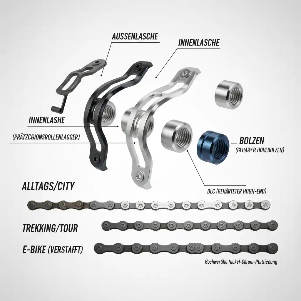 Materialwahl und Bauart von Fahrradketten: welche Stahllegierungen und Plattierungen für Alltag, Trekking, Rennrad oder E Bike am besten geeignet sind