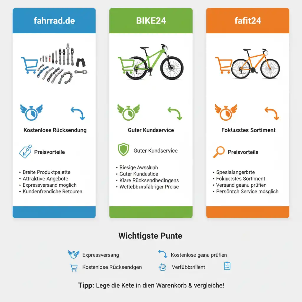Wo man eine Fahrradkette kaufen kann: Vergleichen Sie Online-Shops wie fahrrad.de, BIKE24 und fafit24 mit Expressversand, kostenlosen Rücksendungen und Preisvorteilen
