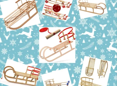 7 Holzschlitten mit Lehne, die Kinder