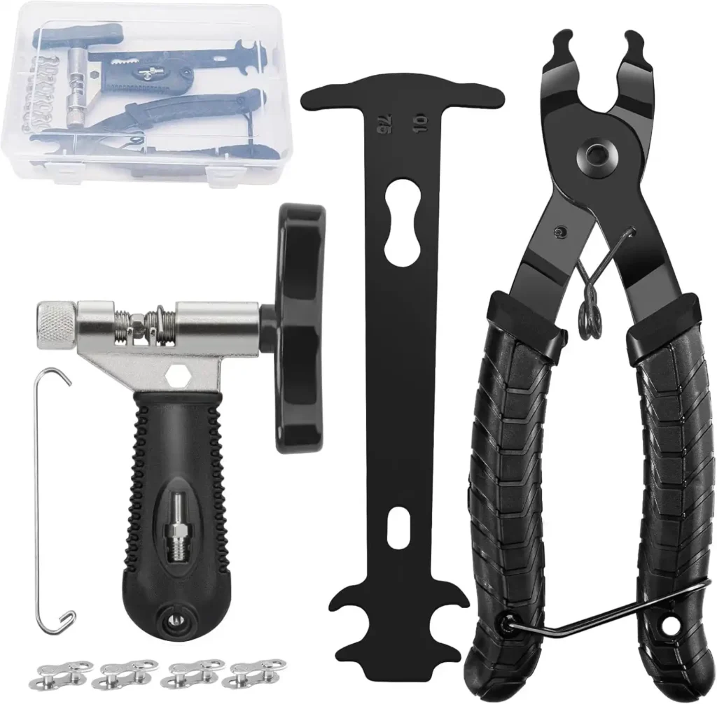 Kettennietgerät für Fahrräder, Kettenzangen, Kettenschlosszangen und 4 Paar Fahrradkettennieten, Fahrradkettenreparatur 2.0 für 6-12-Gang-Fahrradkettenwerkzeug für Mountainbike, Rennrad-Reparaturwerkzeug