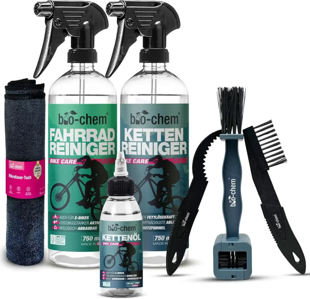 bio-chem Professionelles 7-teiliges Fahrradreinigungsset – Effektives und umweltfreundliches Pflegeset: 1x Fahrradreiniger 750 ml + 1x Kettenreiniger 750 ml + 1x Kettenöl 100 ml + 3x Reinigungsbürsten