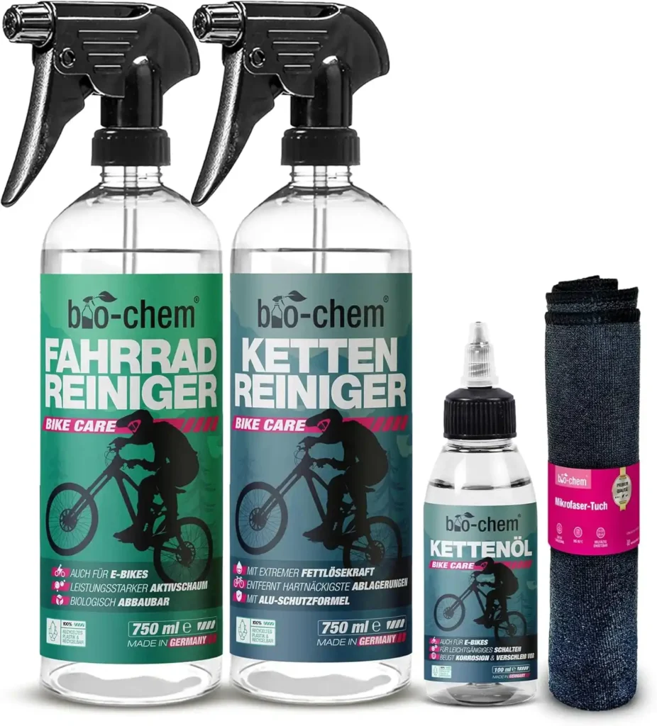 Bio-Chem Fahrradreinigungsset, 4-teilig – Extrem effektives und materialschonendes Pflegeset: 1x Fahrradreiniger 750 ml + 1x Kettenreiniger 750 ml + 1x Kettenöl 100 ml + Mikrofasertuch