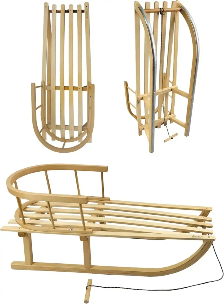 Davoser Kinderschlitten 90 cm mit Rückenlehne - Holzschlitten aus massivem Buchenholz - Schneeschlitten mit Führung und Griff - Robuste Kufen mit leichtgängigen Stahlkufenbeschlägen