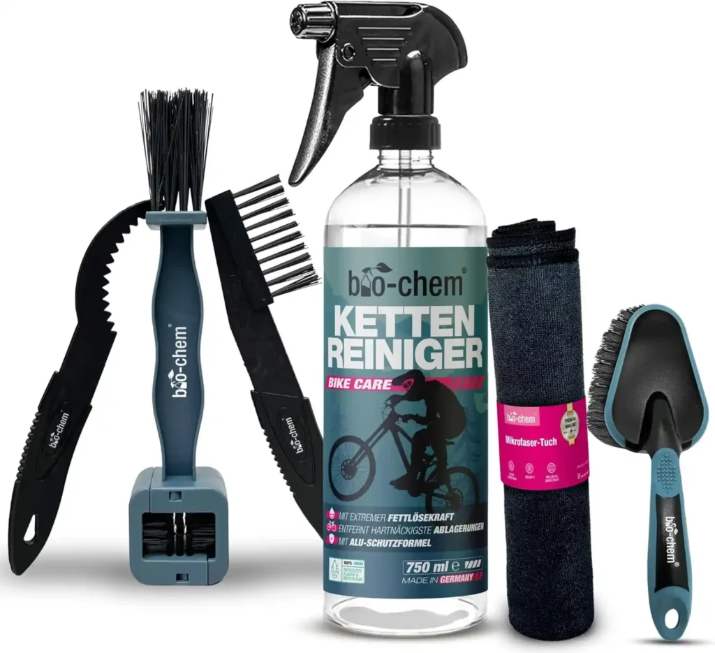 Bio-Chem Kettenreiniger für Fahrräder – Antriebsreiniger – 750 ml + Bürsten + Tuch + Kettenbürste – Wirksam & biologisch abbaubar – Materialschonende Reinigung des gesamten Fahrrads
