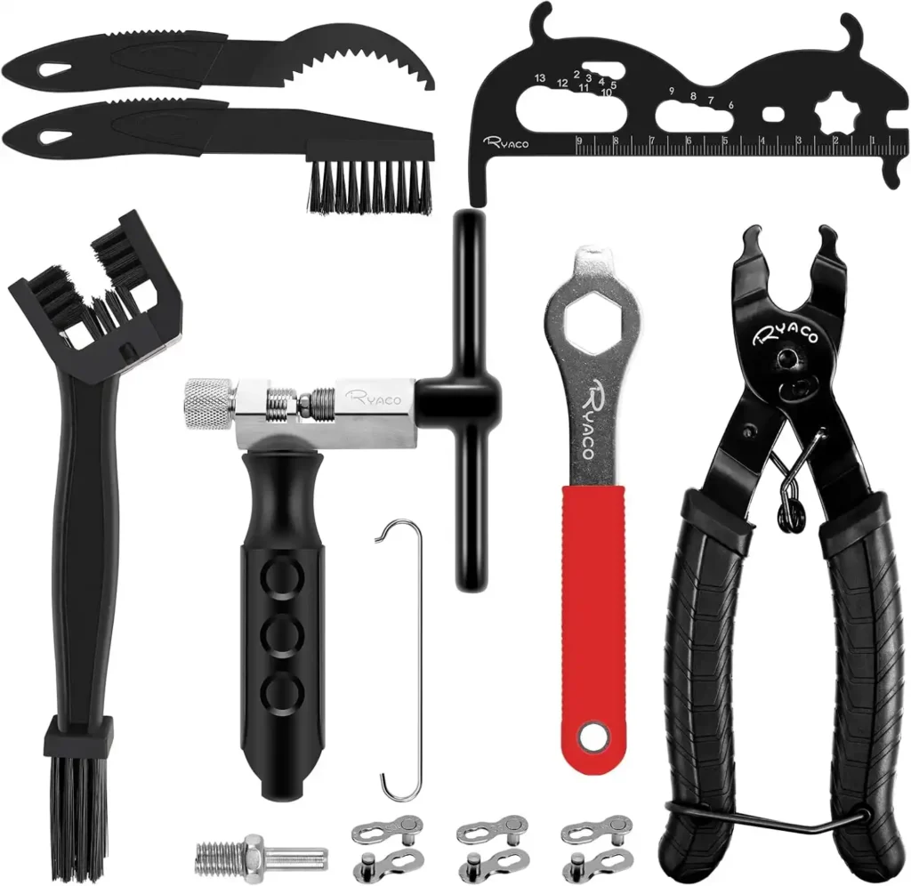 RYACO 12-teiliges Kettennietgerät-Fahrrad-Set (2025) mit 3 x Fahrradreinigungsbürsten, Kettenniet-Zangen und Kettenzangen, Schlüsseln, Fahrradkettennieten, Fahrradketten-Reparaturset für 6-12-Gang-Fahrradketten