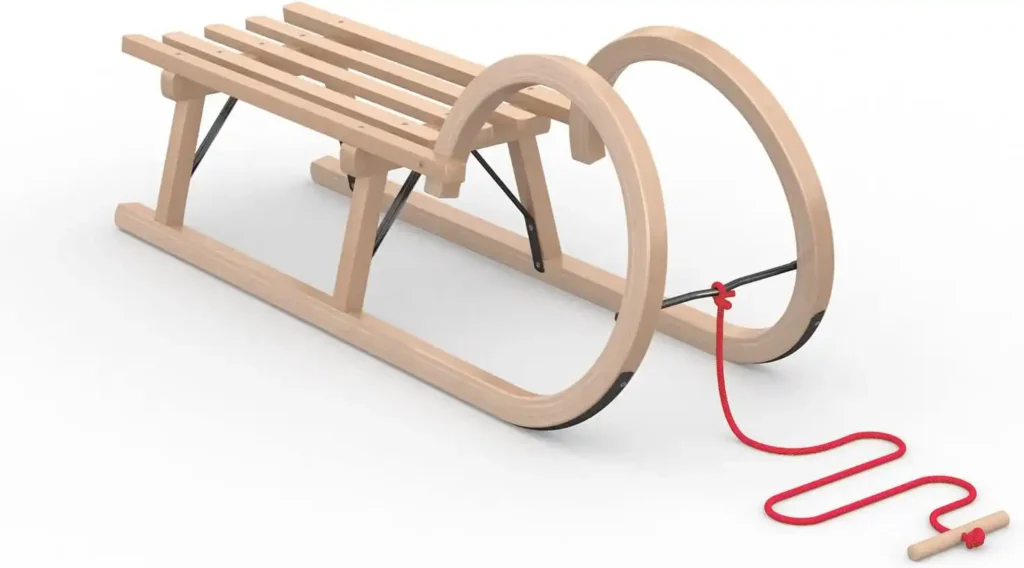 Vispronet Classic Hornschlitten, 2-Sitzer, Tragkraft 2 x 90 kg, inklusive Zugseil, Holzschlitten für Kinder und Erwachsene, Schlittengröße 110 x 33 x 38 cm