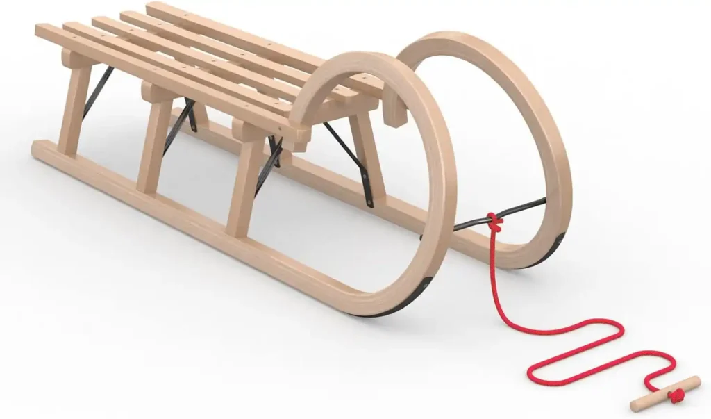 Vispronet Hornschlitten, Tragkraft 90 kg inkl. Zugseil, Holzschlitten für Kinder und Erwachsene, Schlittengröße 100 x 34 x 24 cm