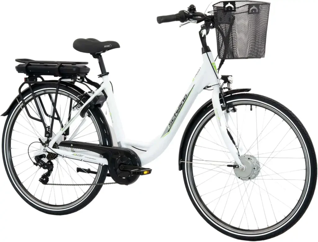 F.lli Schiano E-Moon City-E-Bike, 28 Zoll, 36 V 13 Ah Akku (herausnehmbar), 250 W Motor (40 Nm), Weiß, mit Korb